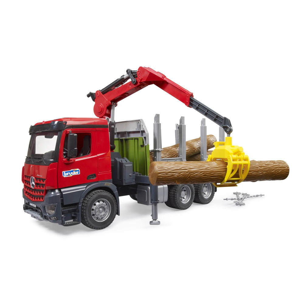 WOOD TRUCK MERCEDES BENZ AROCS WITH GRAIFER LOADING CRANE AND 3 LOGS - BRUDER (BR03669)