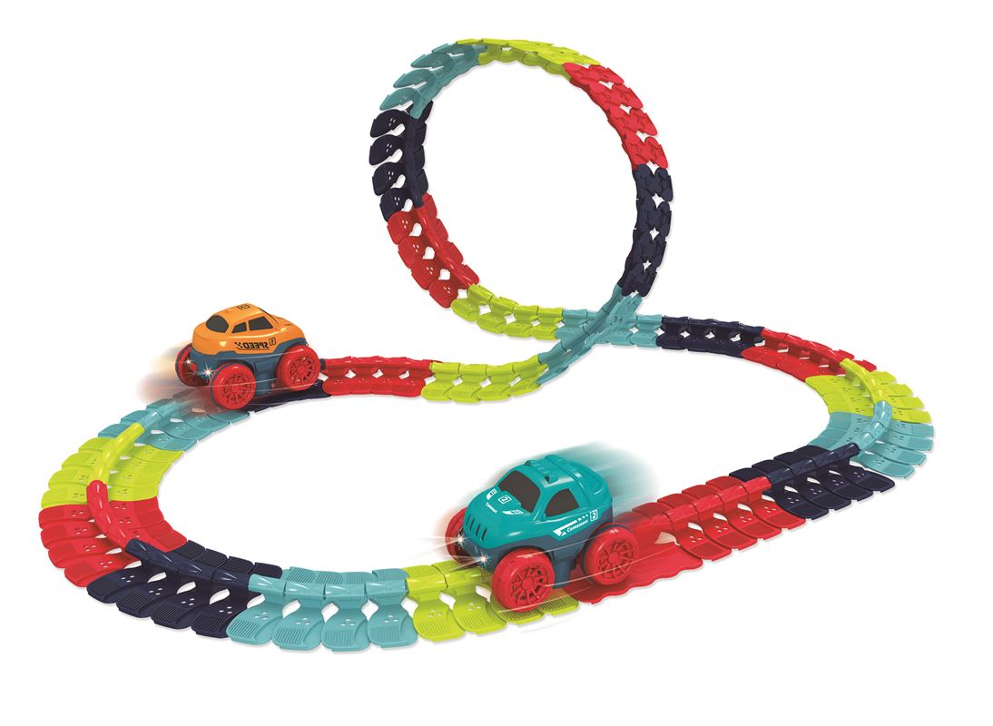 PISTA INTERSCHIMBABILA X-RAIL, CU 2 MASINUTE INCLUSE, 96 PIESE - RS TOYS (RS12151)