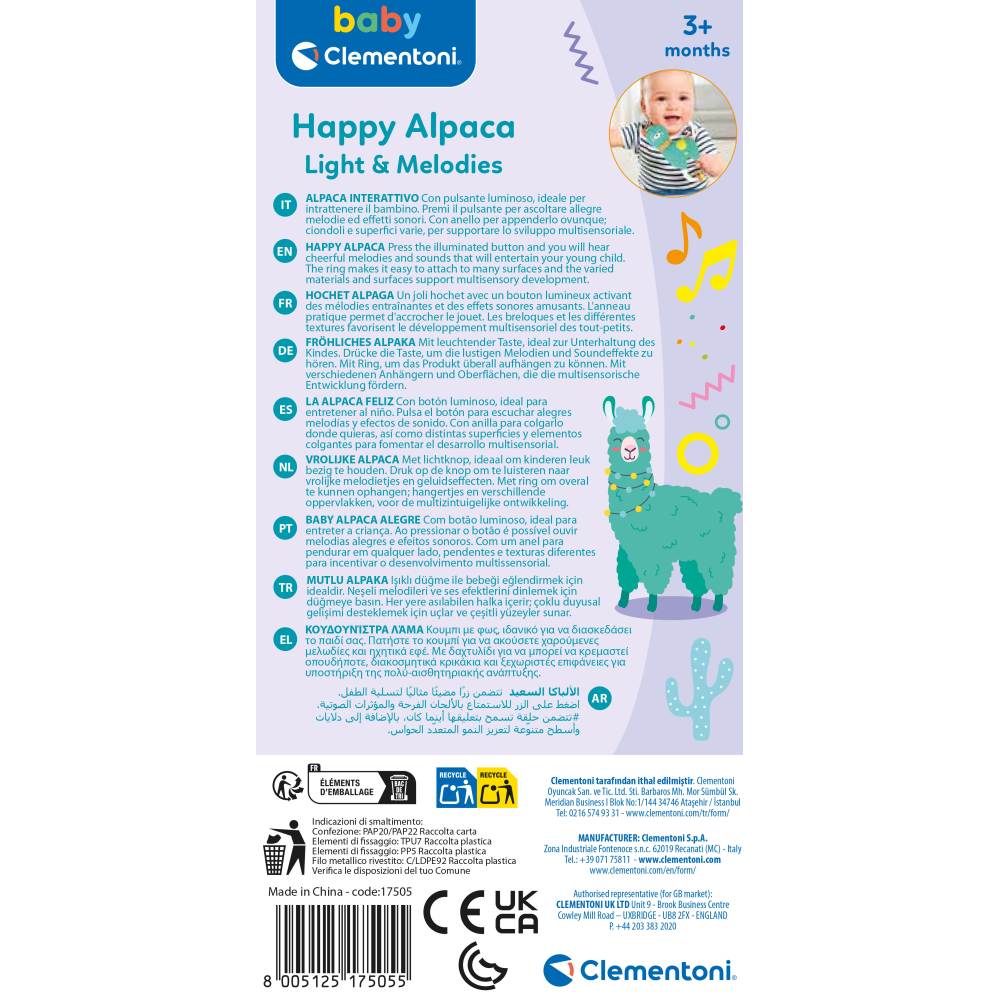 ZORNAITOARE INTERACTIVA ALPACA CU LUMINI SI SUNETE CE CONTRIBUIE LA DEZVOLTAREA MULTISENZORIALA - CLEMENTONI (CL17505)
