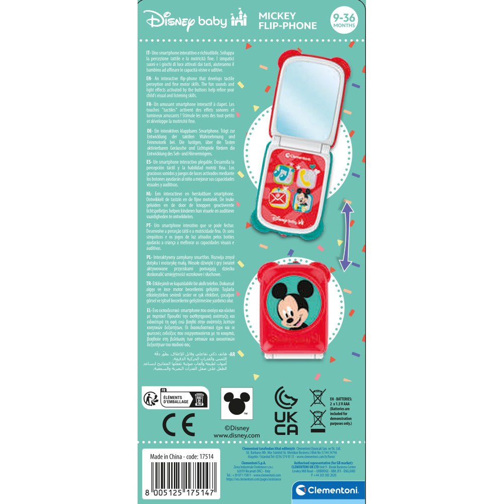 TELEFON FLIP MICKEY MOUSE CARE DEZVOLTA ABILITATILE MOTORII FINE SI SIMTUL TACTIL - CLEMENTONI (CL17514)