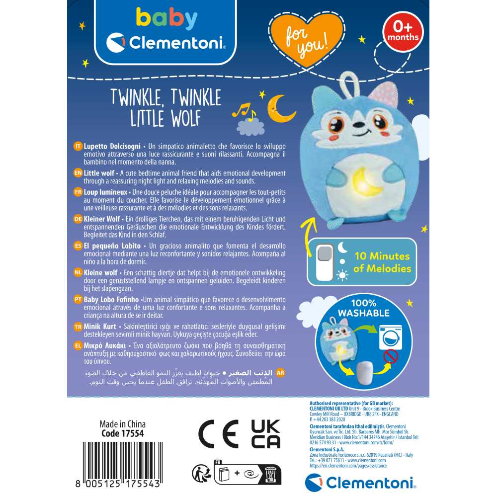 JUCARIE LUP DE PLUS CU LUMINA DE NOAPTE SI SUNETE PENTRU RELAXARE SI SOMN LINISTIT - CLEMENTONI (CL17554)