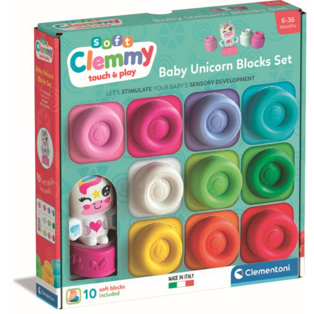 Set de joaca educational Soft Clemmy Unicorn cu 10 cuburi de constructie moi si lavabile