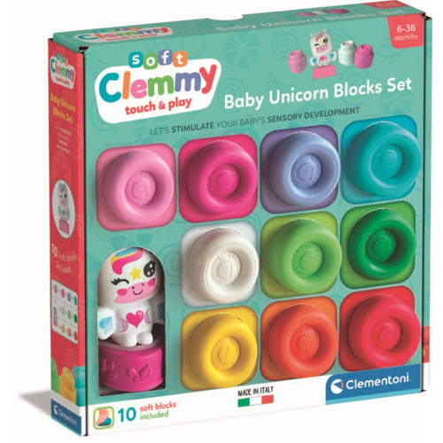 Set de joaca educational Soft Clemmy Unicorn cu 10 cuburi de constructie moi si lavabile