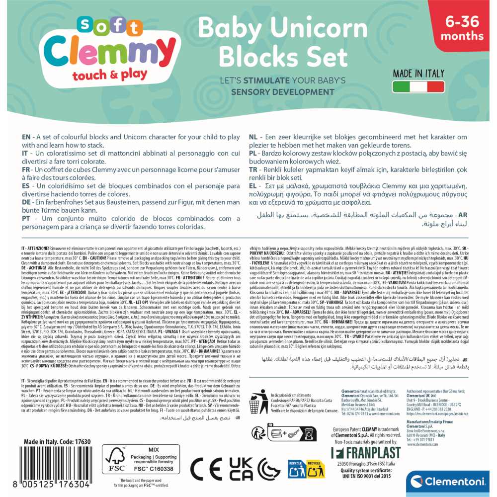 SET DE JOACA EDUCATIONAL SOFT CLEMMY UNICORN CU 10 CUBURI DE CONSTRUCTIE MOI SI LAVABILE - CLEMENTONI (CL17630)