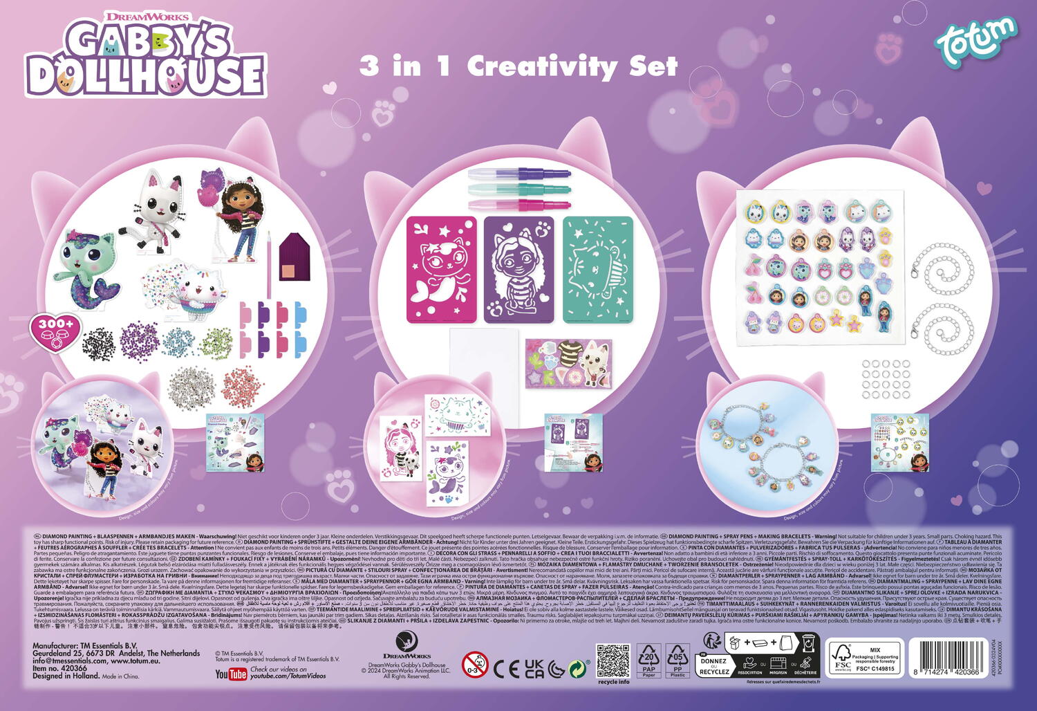 SET 3 IN 1 GABBY'S DOLLHOUSE - BRATARI, CARIOCI DE SUFLAT & PICTURA CU DIAMANTE - TOTUM (TT420366)