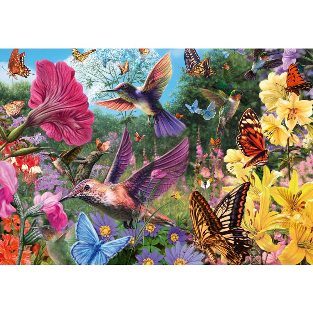 PUZZLE PENTRU VARSTNICI PASARI COLIBRI SI FLUTURI CU SABLON DE IMAGINE SI SUPORT DIN CARTON 200 PIESE MARI XL - RAVENSBURGER (RVSPA01369)