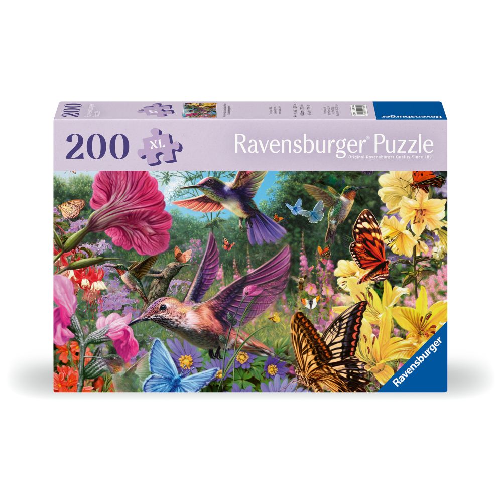 PUZZLE PENTRU VARSTNICI PASARI COLIBRI SI FLUTURI CU SABLON DE IMAGINE SI SUPORT DIN CARTON 200 PIESE MARI XL - RAVENSBURGER (RVSPA01369)