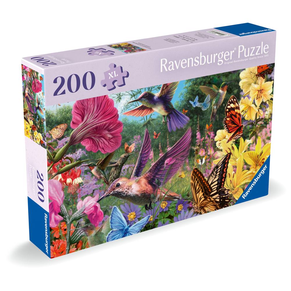 PUZZLE PENTRU VARSTNICI PASARI COLIBRI SI FLUTURI CU SABLON DE IMAGINE SI SUPORT DIN CARTON 200 PIESE MARI XL - RAVENSBURGER (RVSPA01369)