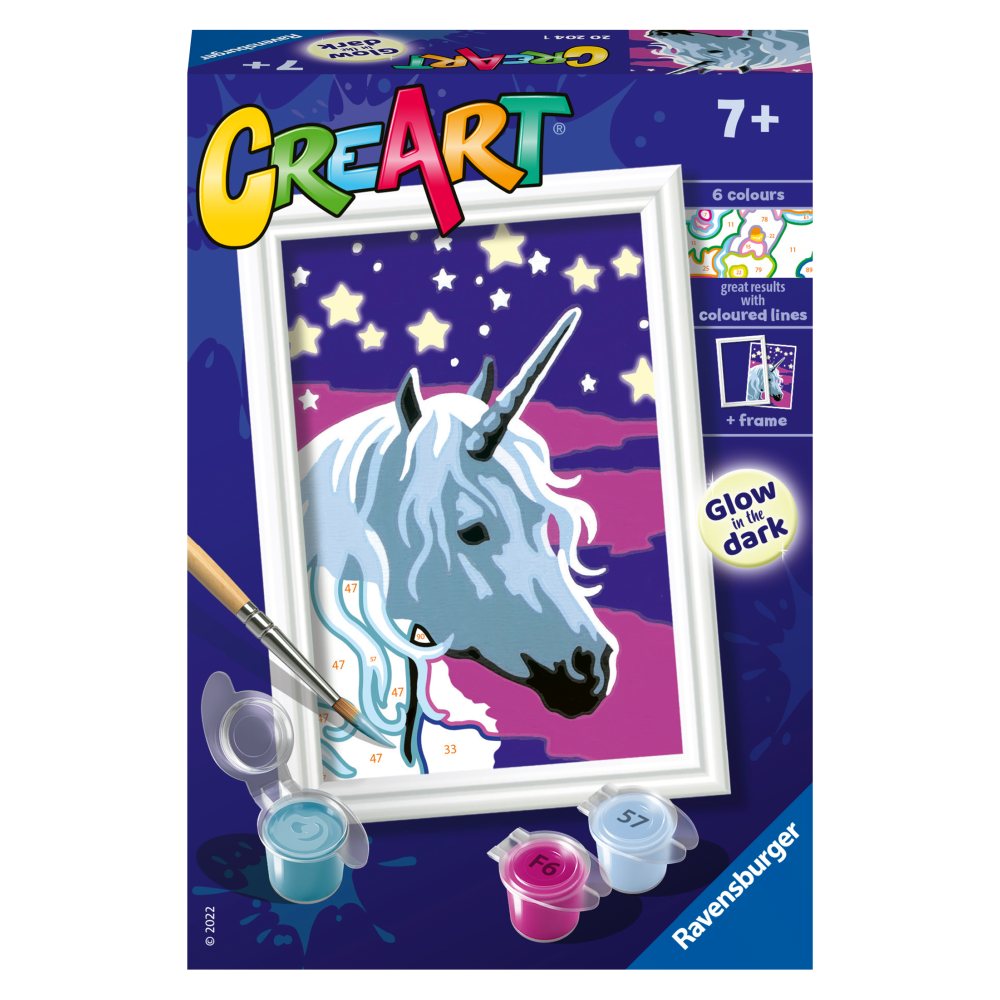 CREART PICTURA PE NUMERE PENTRU COPII UNICORN VISATOR CARE STRALUCESTE IN INTUNERIC - RAVENSBURGER (RVSPBN20204)