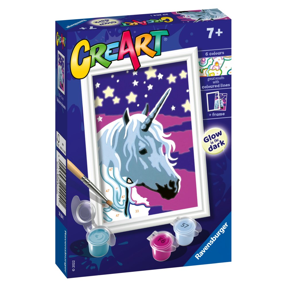 CREART PICTURA PE NUMERE PENTRU COPII UNICORN VISATOR CARE STRALUCESTE IN INTUNERIC - RAVENSBURGER (RVSPBN20204)