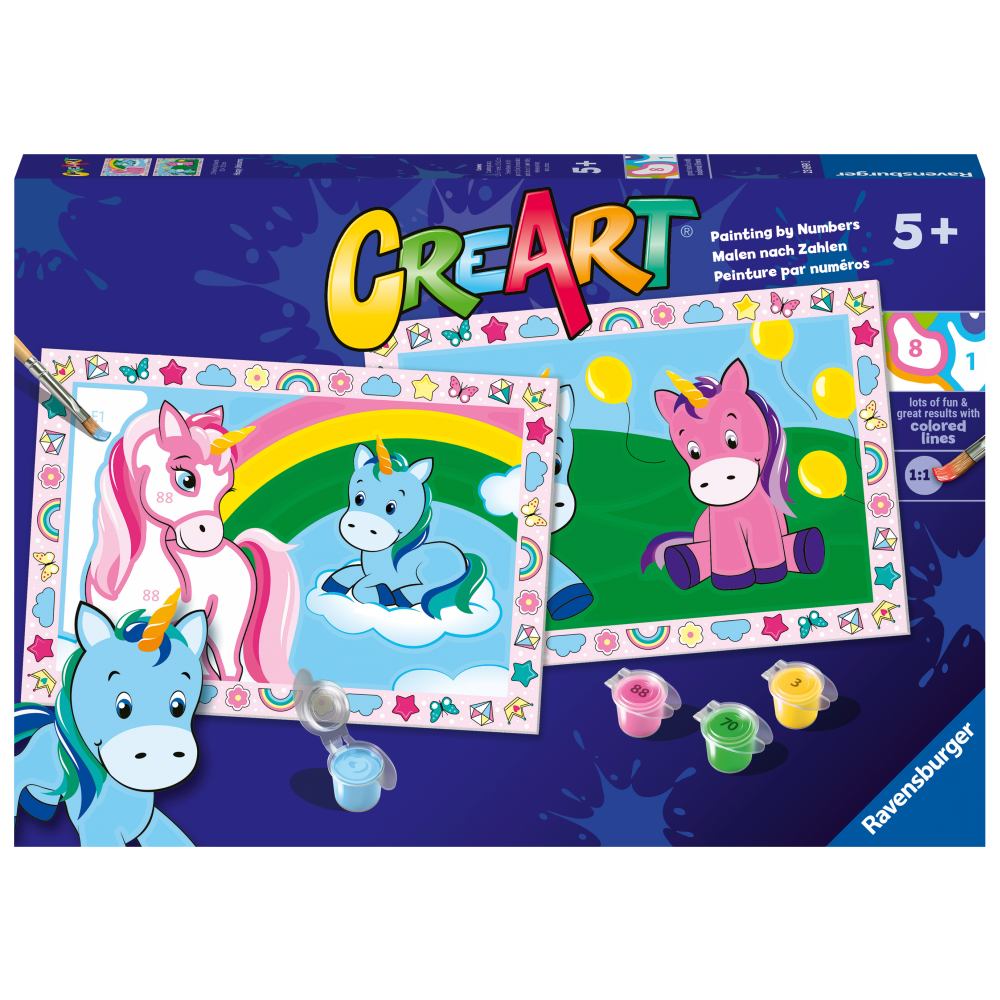 CREART PICTURA PE NUMERE PENTRU COPII 2 SABLOANE UNICORNI VESELI - RAVENSBURGER (RVSPBN23699)