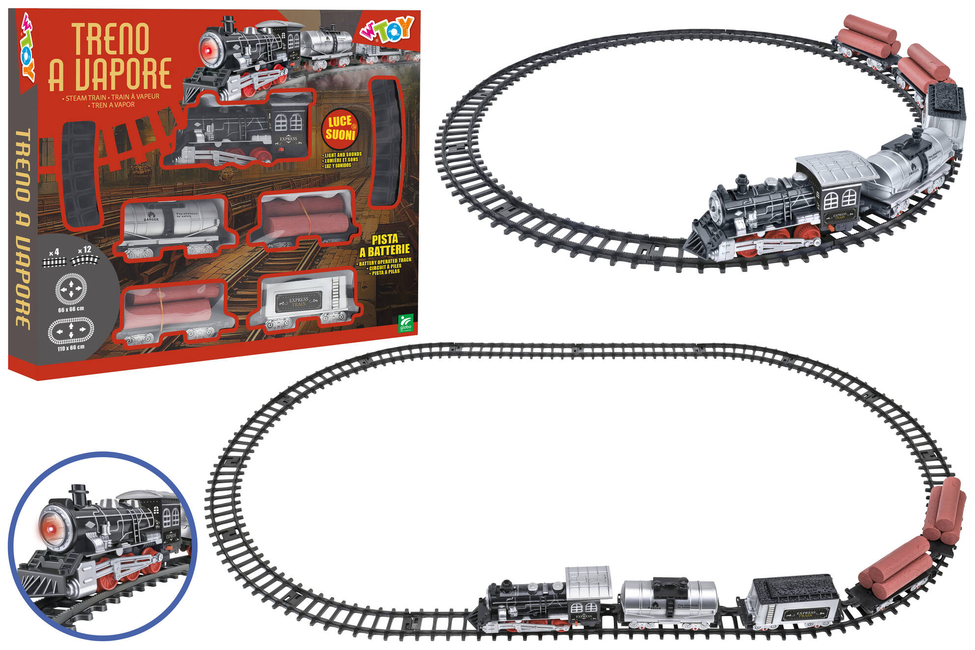 TRENULET ELECTRIC CU 4 VAGOANE MARFA, SUNETE SI LUMINI SPECIFICE - GLOBO (GL42127)