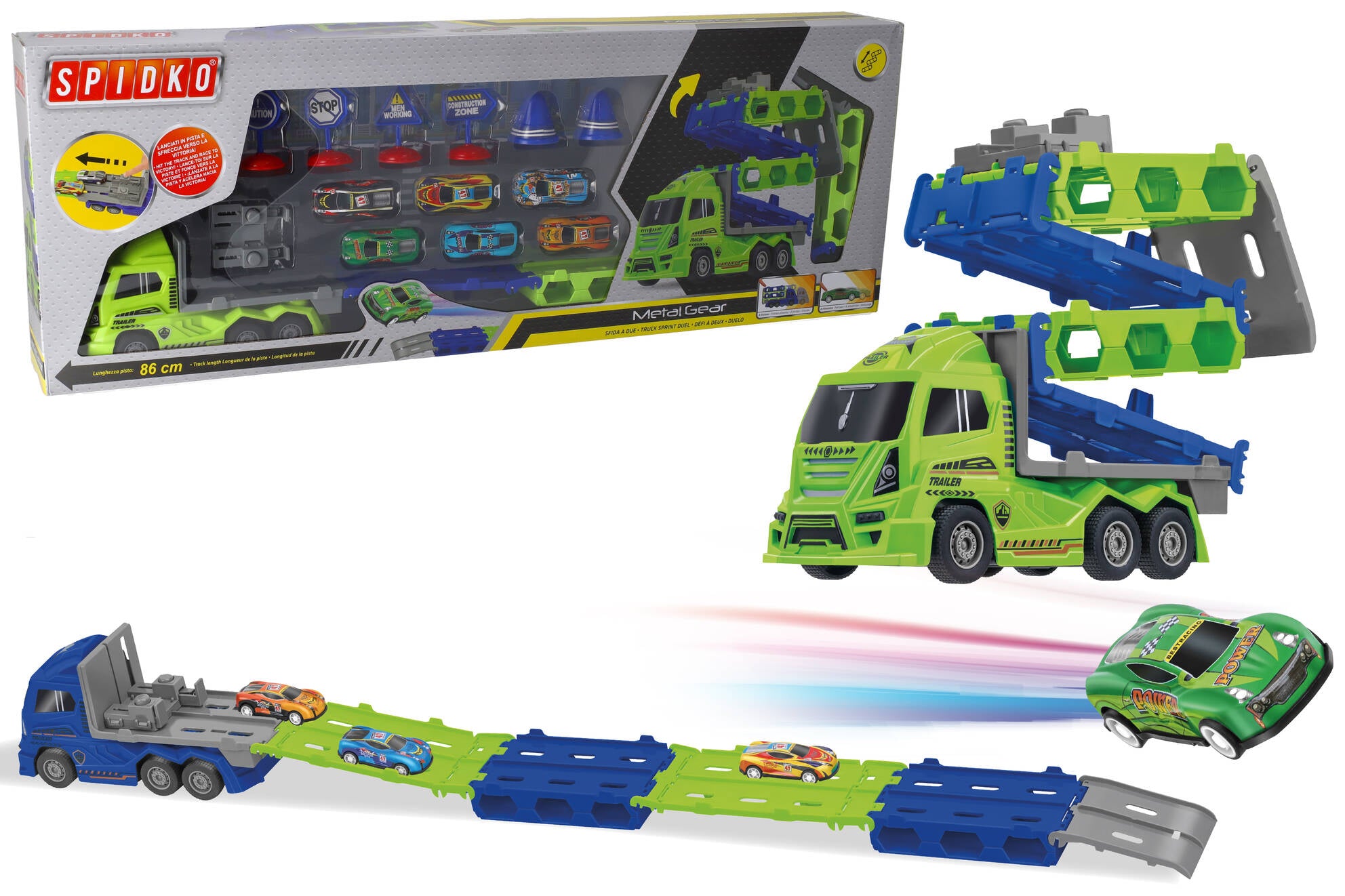 CAMION CU TRAILER SI PISTA LANSATOR, 6 MASINUTE METAL INCLUSE, 70 CM - GLOBO (GL43013)