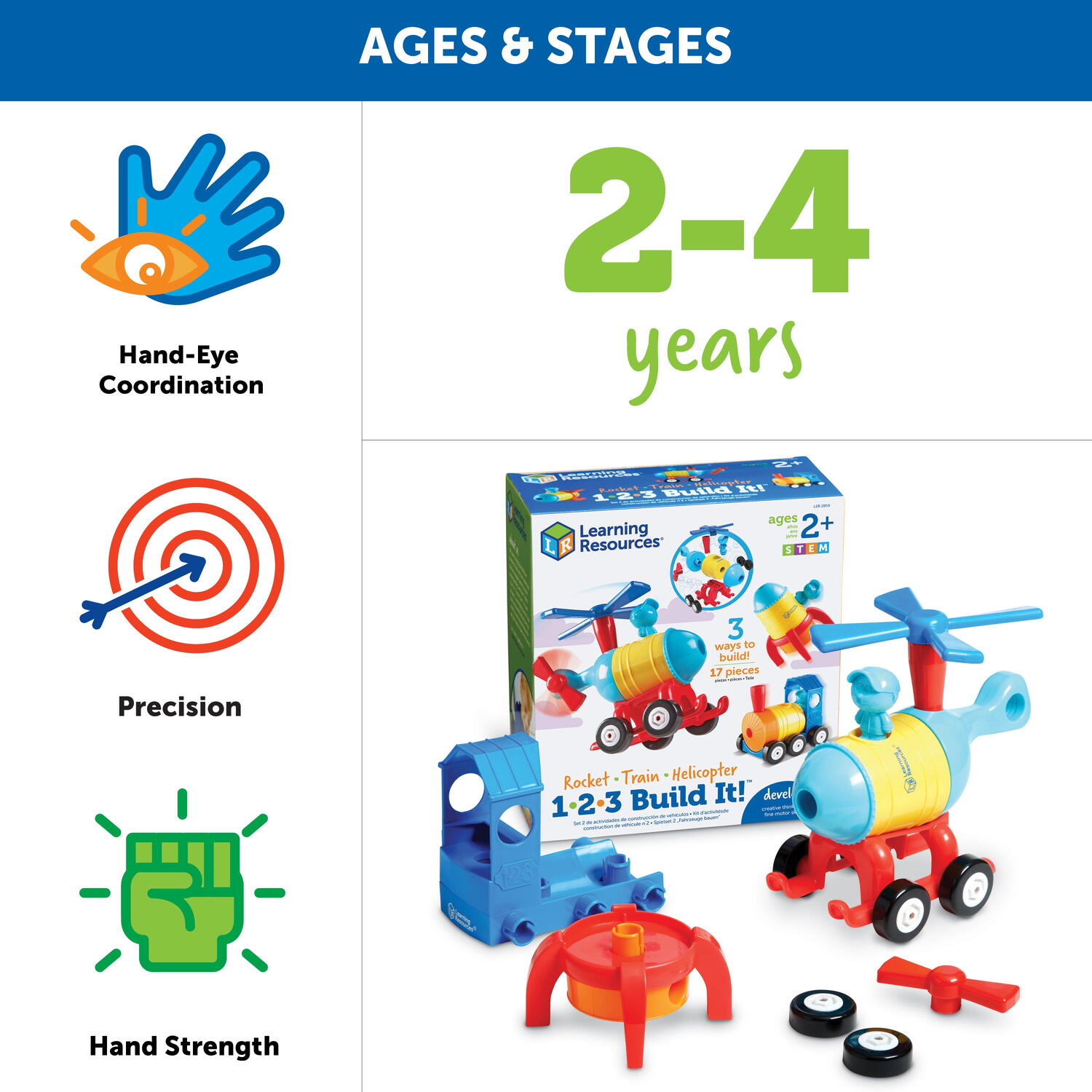 HAI SA CONSTRUIM - 1-2-3 RACHETA -TREN - ELICOPTER - LEARNING RESOURCES (LER2859)