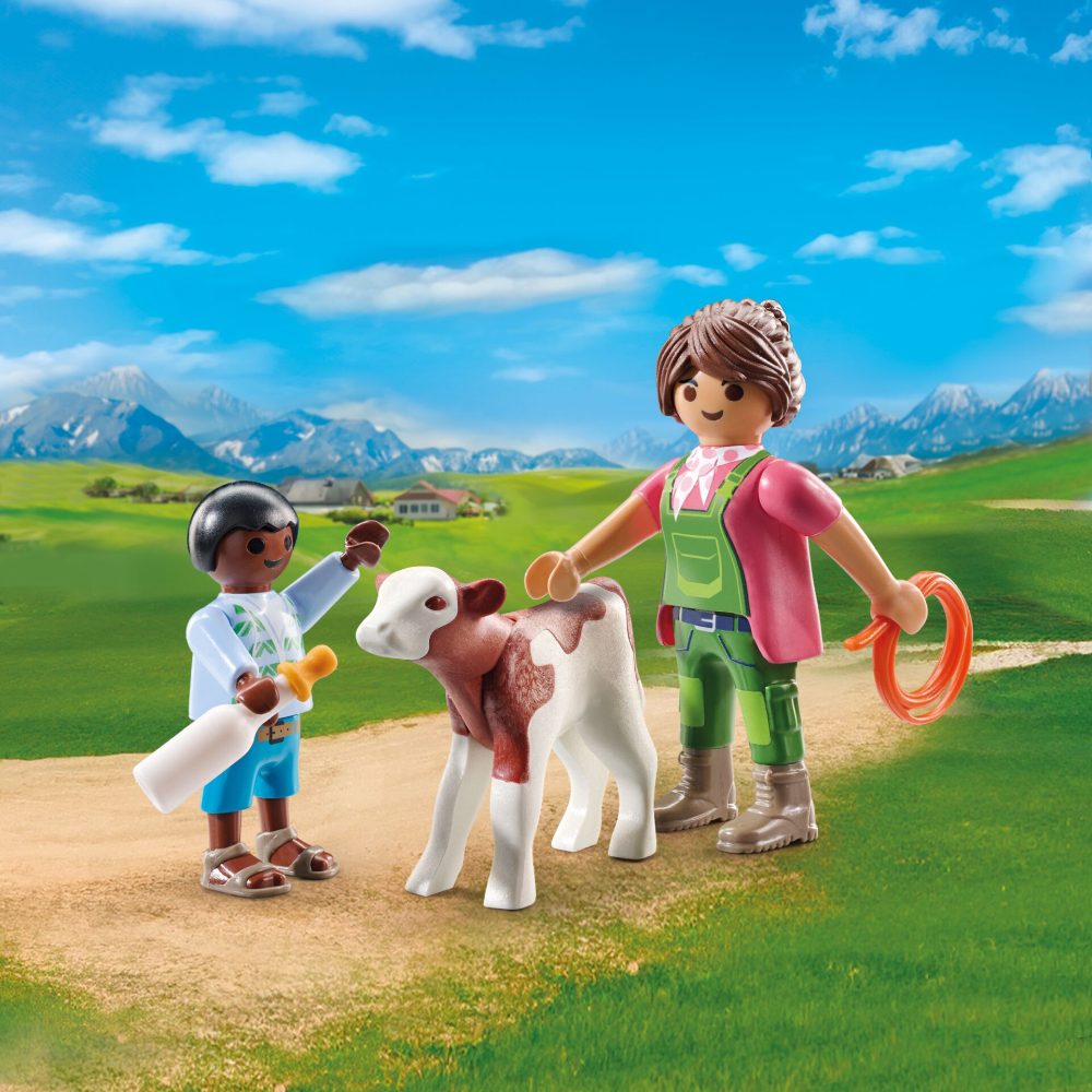 SET 2 FIGURINE FEMEIE FERMIER CU COPIL SI VITEL - PLAYMOBIL COUNTRY  (PM71803)