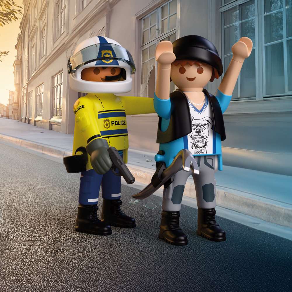 JUCARIE DE ROL POLITIST CU MOTOCICLETA IN URMARIREA HOTULUI - PLAYMOBIL (PM72079)