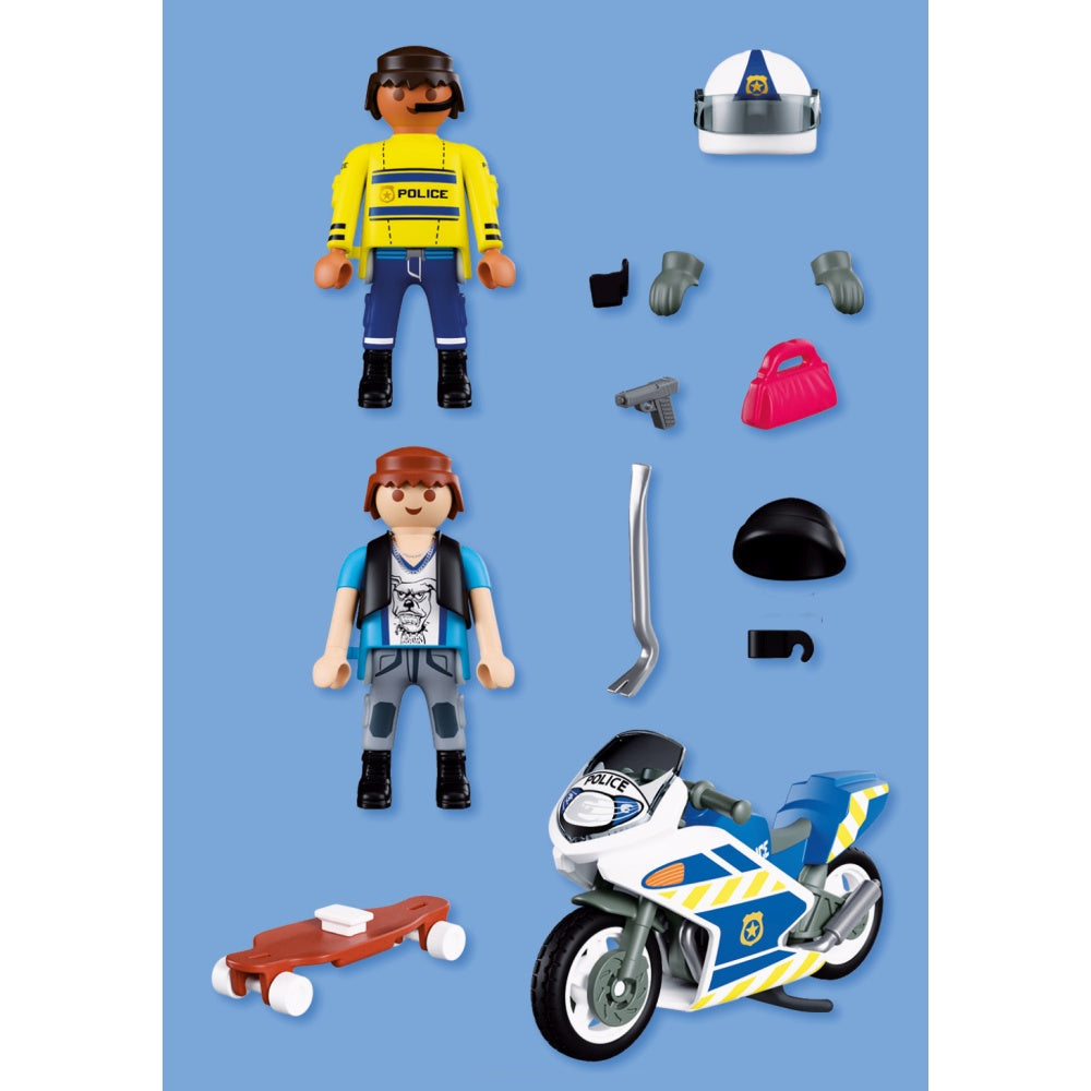 JUCARIE DE ROL POLITIST CU MOTOCICLETA IN URMARIREA HOTULUI - PLAYMOBIL (PM72079)