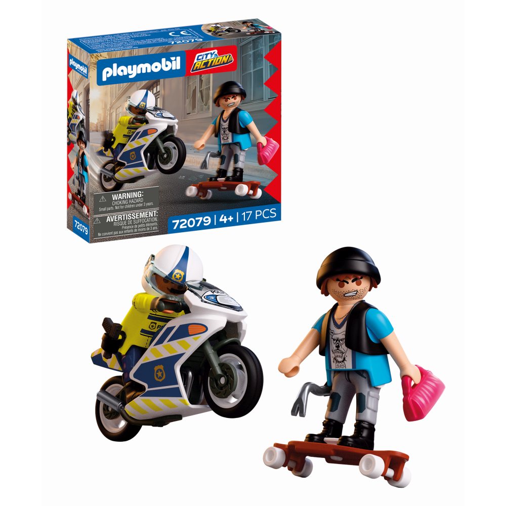Jucarie de rol Playmobil Politist cu motocicleta in urmarirea hotului