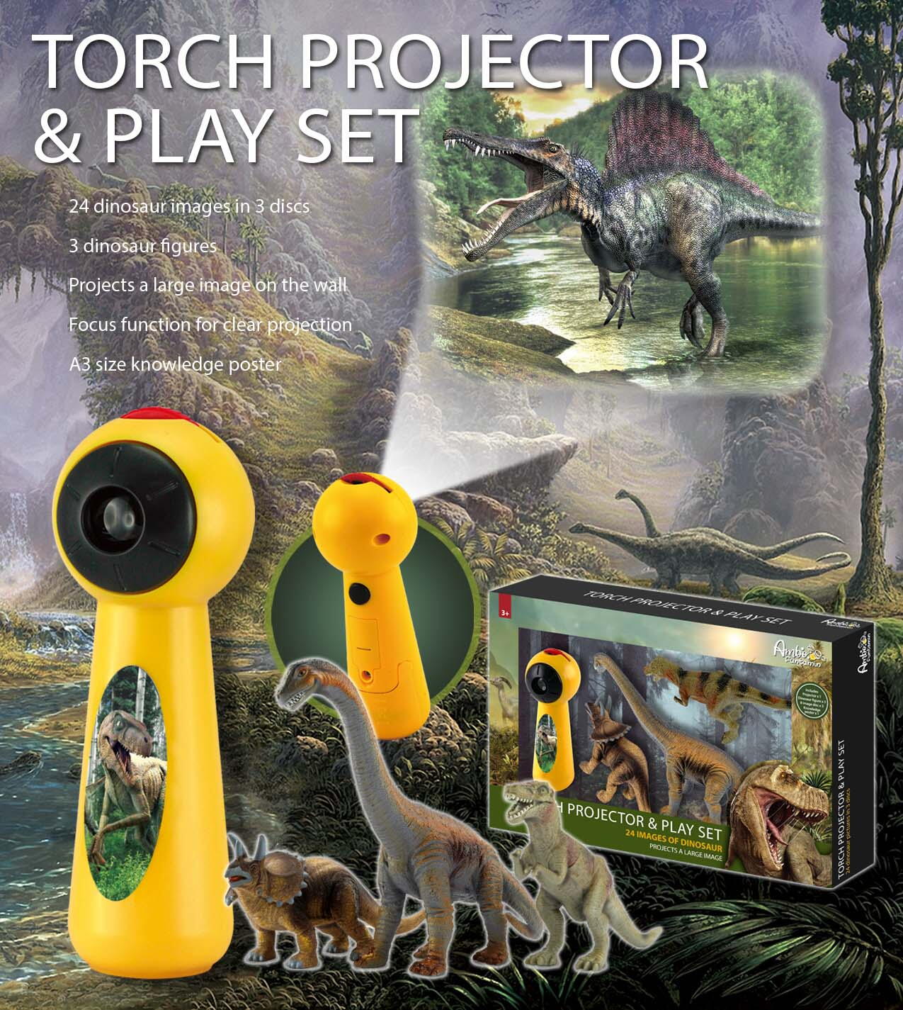 SET PROIECTOR TIP LANTERNA & 3 FIGURINE - DINOZAURI - AMBO FUNTAMIN (AF6305DW)