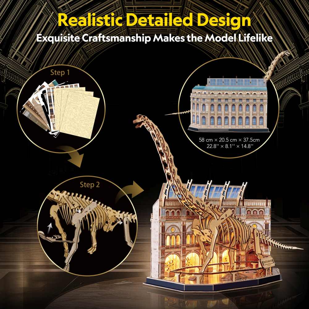 PUZZLE 3D CU LED MUZEUL NATURAL BRACHIOSAURUS 217 PIESE - CUBIC FUN (CUL544h)
