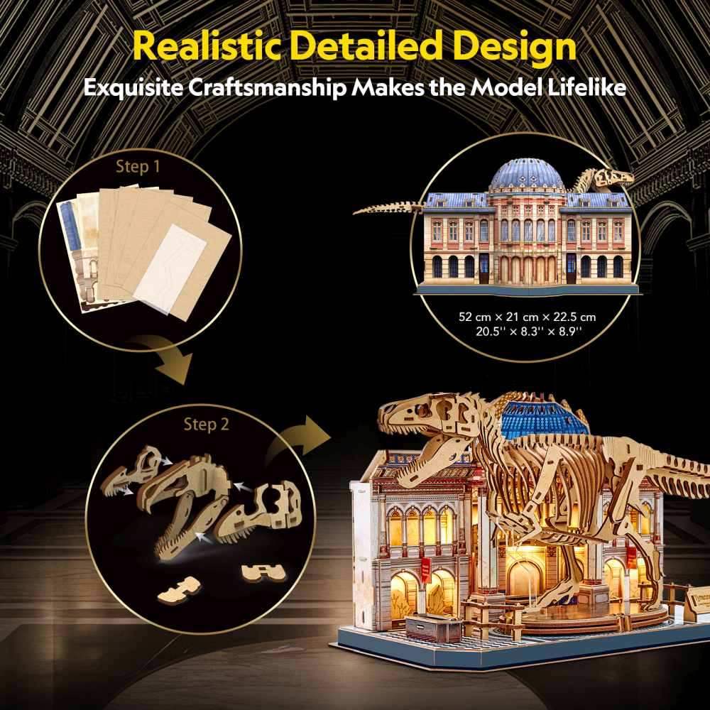 PUZZLE 3D CU LED MUZEUL NATURAL T-REX 262 PIESE - CUBIC FUN (CUL546h)
