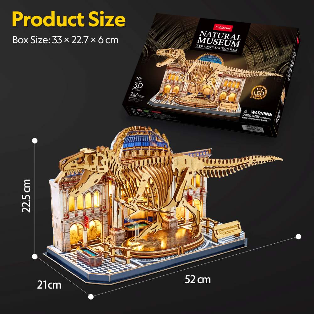 PUZZLE 3D CU LED MUZEUL NATURAL T-REX 262 PIESE - CUBIC FUN (CUL546h)
