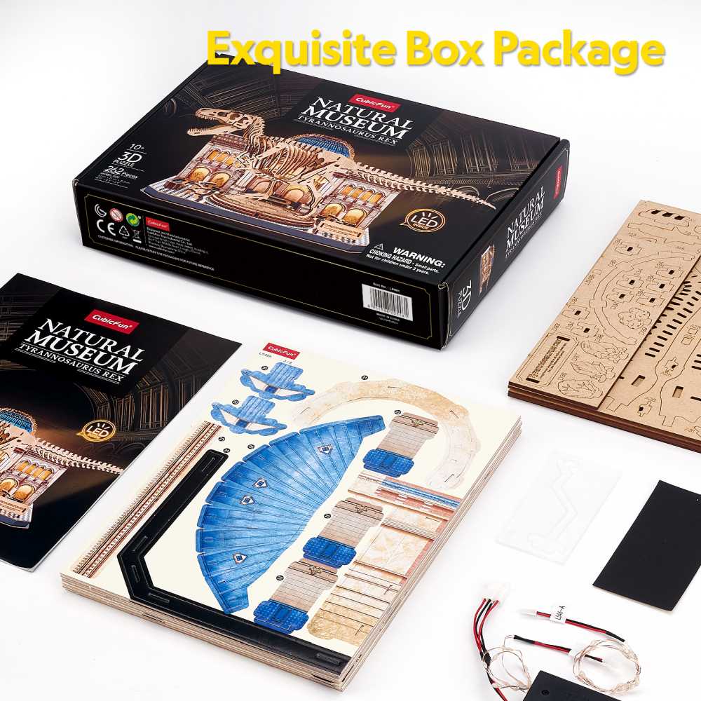 PUZZLE 3D CU LED MUZEUL NATURAL T-REX 262 PIESE - CUBIC FUN (CUL546h)