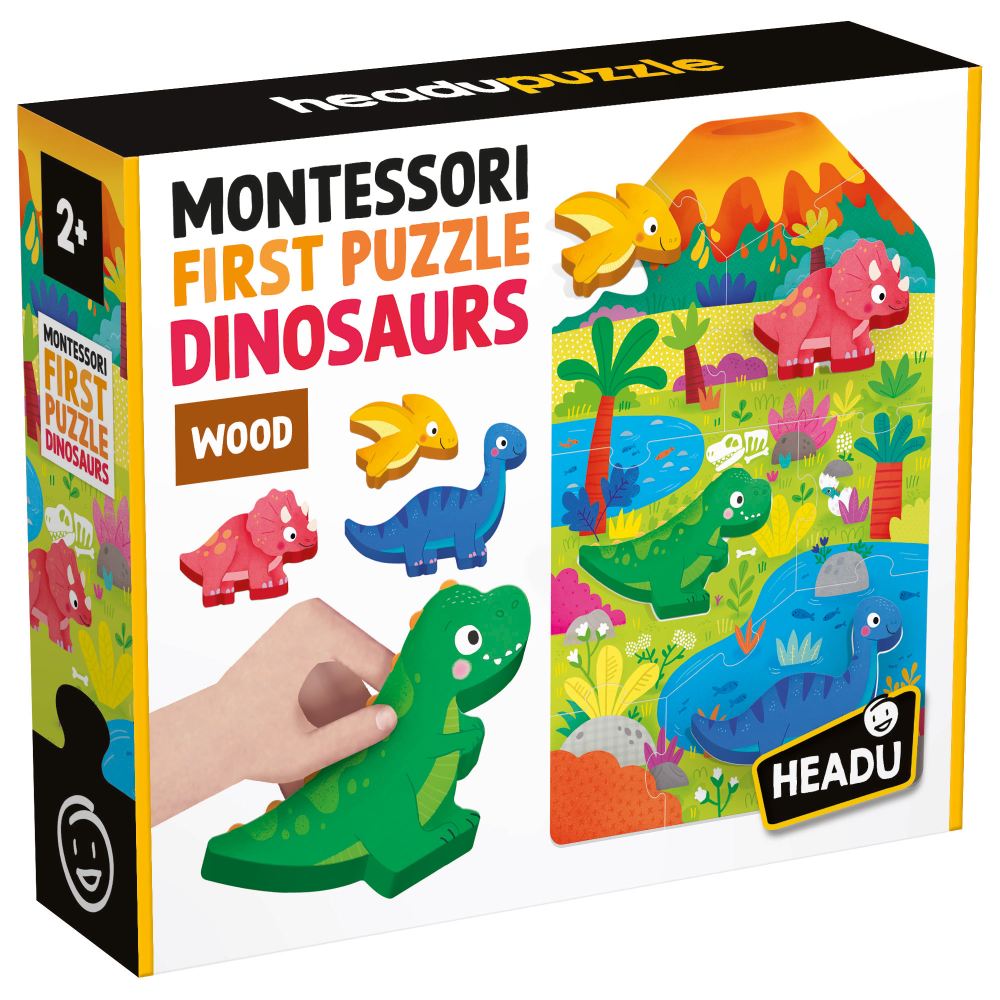 MONTESSORI PRIMUL MEU PUZZLE CU DINOZAURI CE INCLUDE 4 FORME DIN LEMN - HEADU (HE59025)