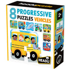 8 PUZZLEURI PROGRESIVE VEHICULE CU PIESE MARI PENTRU COPIII DE PESTE 2 ANI - HEADU (HE59056)