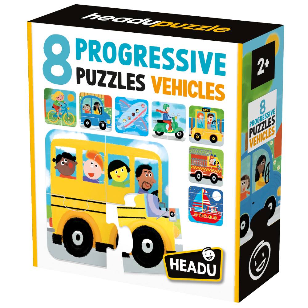 8 PUZZLEURI PROGRESIVE VEHICULE CU PIESE MARI PENTRU COPIII DE PESTE 2 ANI - HEADU (HE59056)