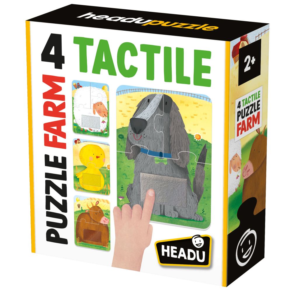4 PUZZLEURI TACTILE ANIMALE DE LA FERMA CU PIESE MARI PENTRU COPIII DE PESTE 2 ANI - HEADU (HE59063)