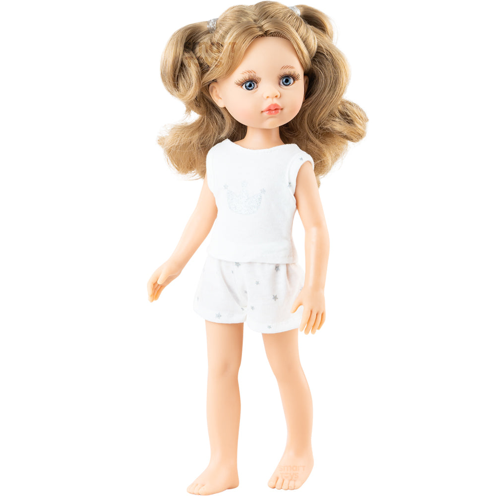 PAPUSA CARLA CU PARUL COAFAT IN PIJAMA ALBA, 32 CM, IN CUTIE TIP CADOU - AMIGAS PIJAMAS - PAOLA REINA (ST4X13230)