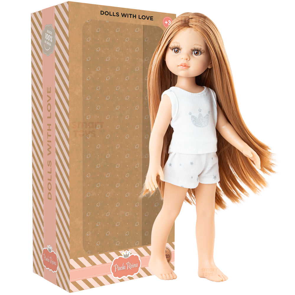 PAPUSA CRISTI CU PARUL ROSCAT IN PIJAMA ALBA, 32 CM, IN CUTIE TIP CADOU - AMIGAS PIJAMAS - PAOLA REINA (ST4X13231)