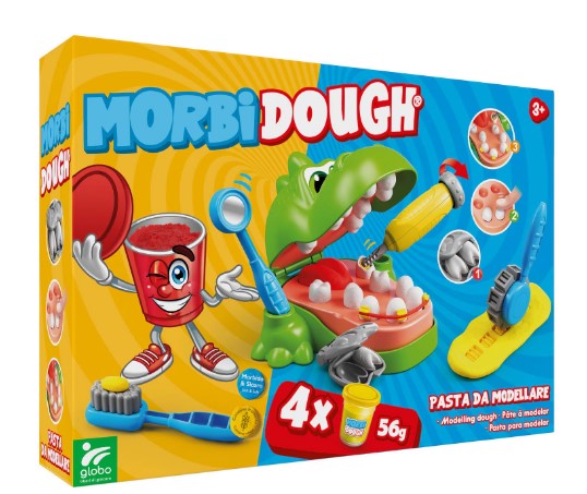 PLASTILINA CROCODIL LA DENTIST, PENTRU COPII, 4 X 56 G, DIVERSE CULORI - GLOBO KIDEA (GL40871)