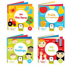 EDUCATIONAL GAME FOR CHILDREN AND BABIES, LITTLE EXPLORERS LIBRARY, 4 ACCORDION BOOKS WITH FARM, BODY PARTS, FRUITS AND FEELINGS, 90 CM LENGTH - BANANA PANDA (BP77344)