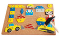 CONSTRUCTION SITE SET WITH HAMMER AND NAILS, FOR CHILDREN, 56 WOODEN PIECES, 8 PRINTED SHAPES AND ACCESSORIES - LENA (LE65828)