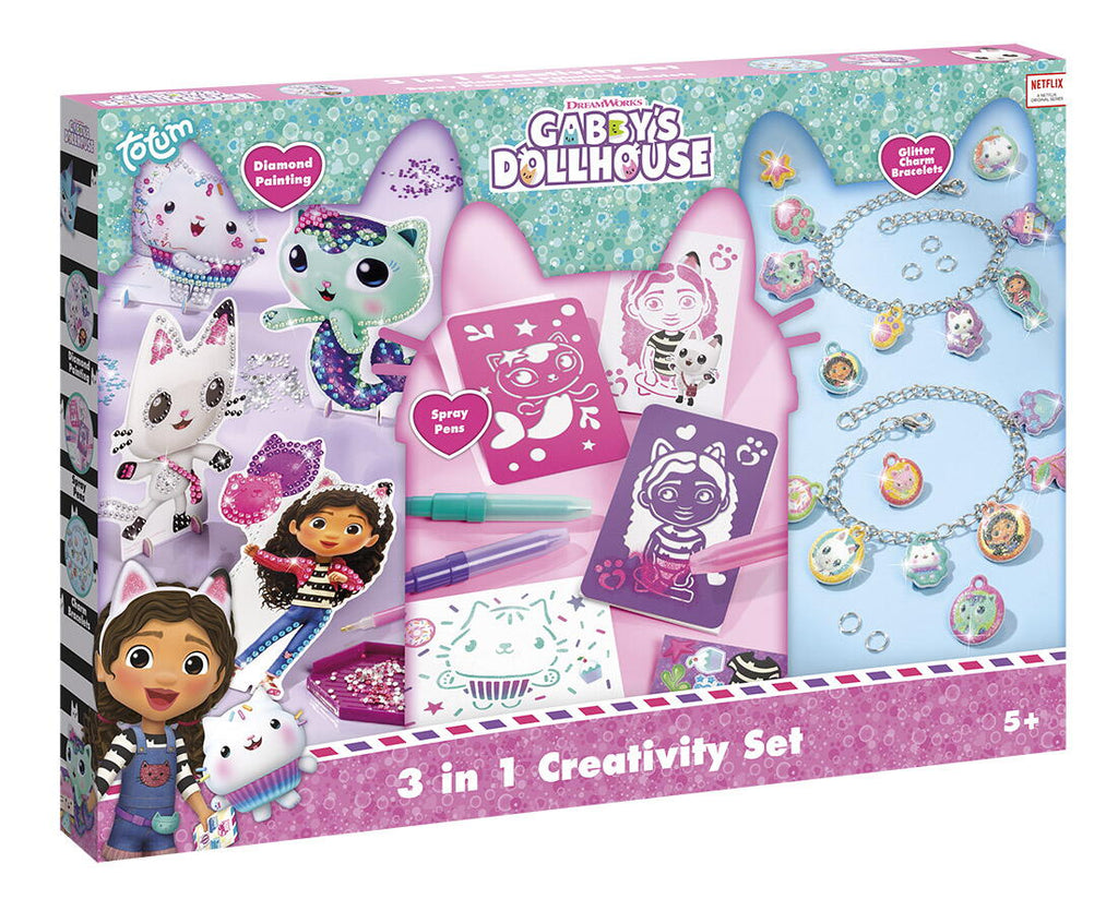 SET 3 IN 1 GABBY'S DOLLHOUSE - BRATARI, CARIOCI DE SUFLAT & PICTURA CU DIAMANTE - TOTUM (TT420366)