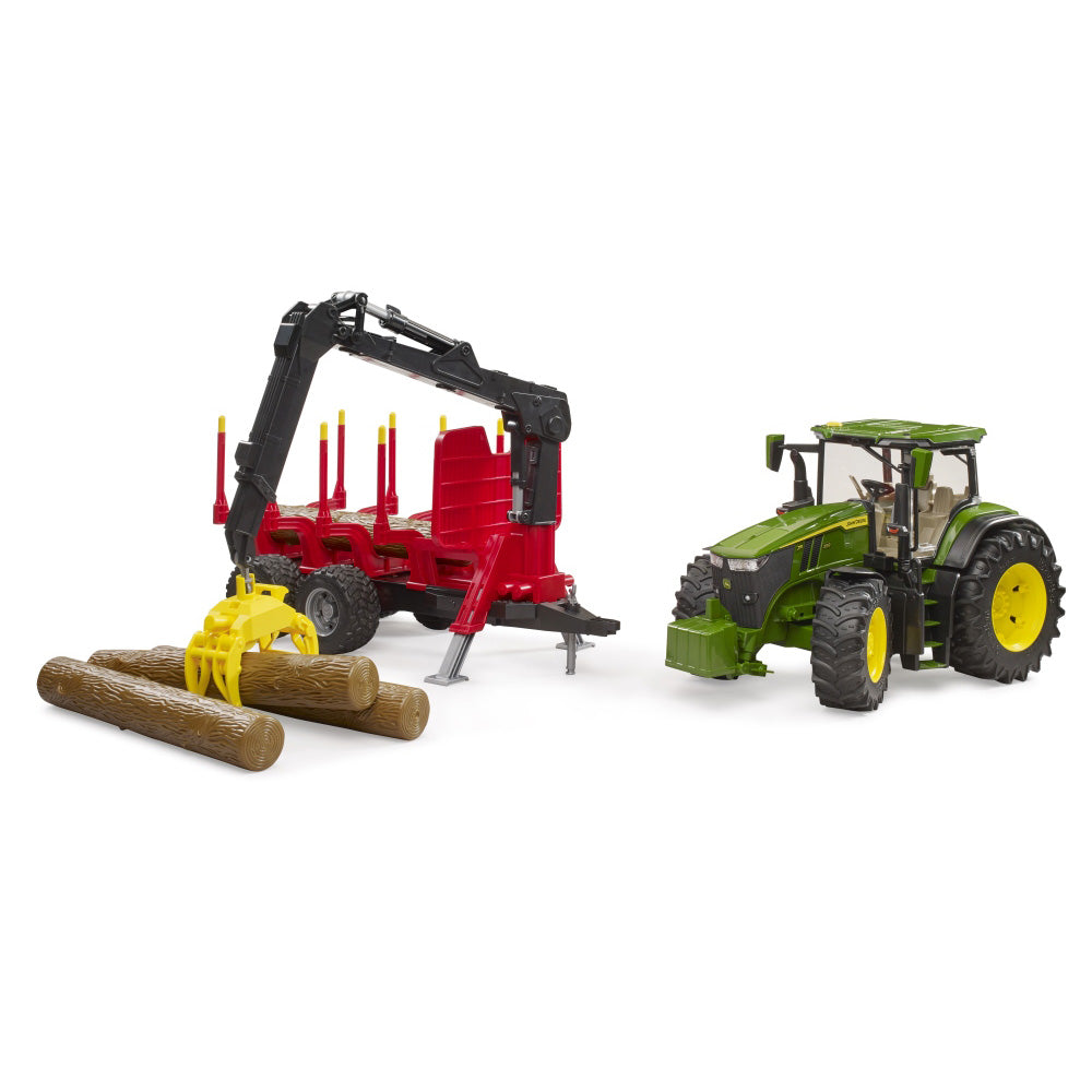 JOHN DEERE 7R 350 TRACTOR WITH FOREST TRAILER AND 4 LOGS - BRUDER (BR03154)