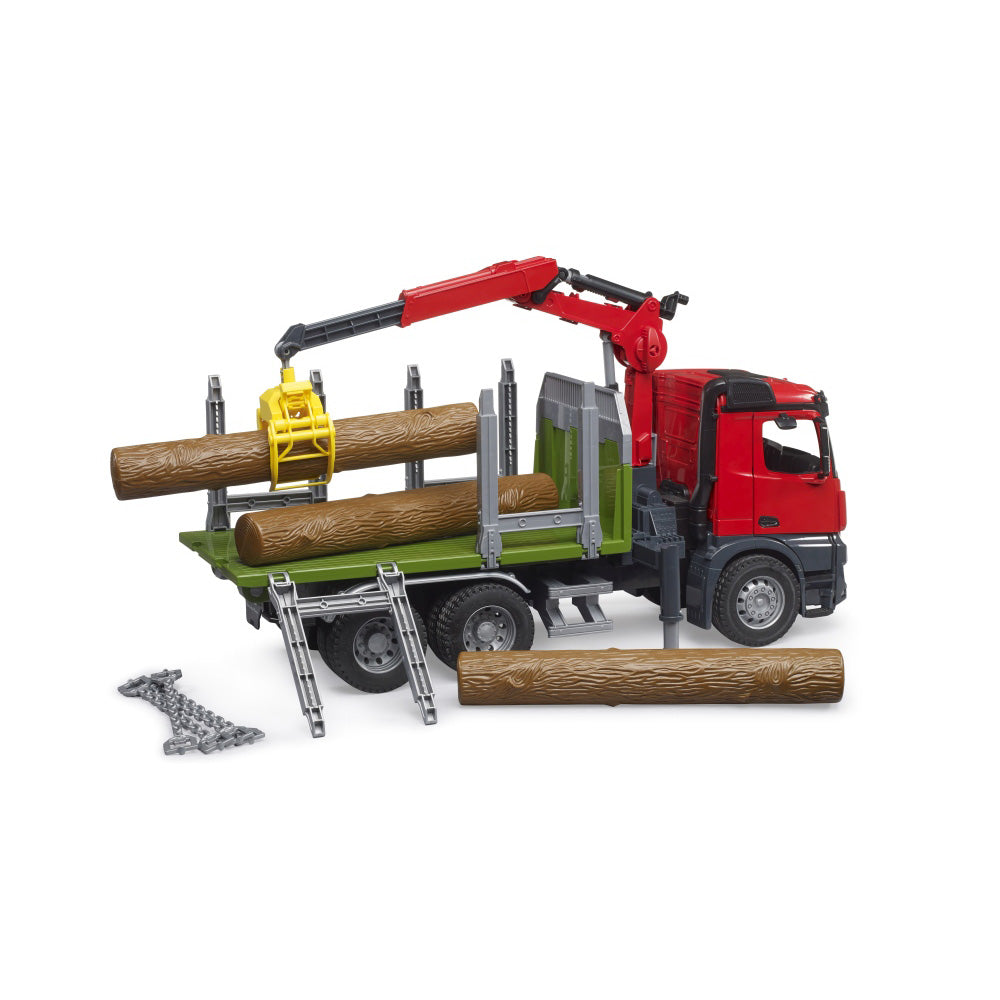 WOOD TRUCK MERCEDES BENZ AROCS WITH GRAIFER LOADING CRANE AND 3 LOGS - BRUDER (BR03669)