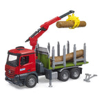 WOOD TRUCK MERCEDES BENZ AROCS WITH GRAIFER LOADING CRANE AND 3 LOGS - BRUDER (BR03669)