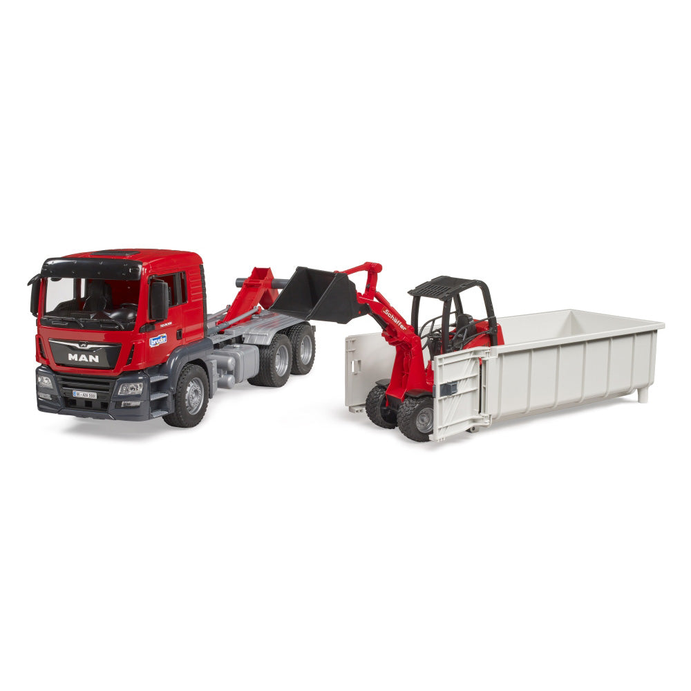 MAN TGS TRUCK WITH ROLL OFF CONTAINER AND COMPACT LOADER SCHAFFER - BRUDER (BR03767)