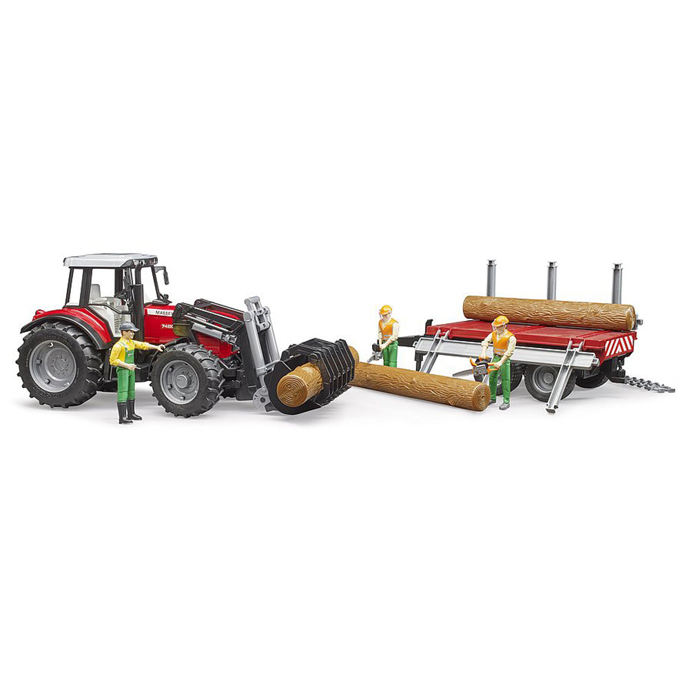 TRACTOR MASSEY FERGUSON 7480 CU INCARCATOR FRONTAL SI REMORCA PENTRU LEMNE - BRUDER (02046) - Libelula Vesela - Jucarii