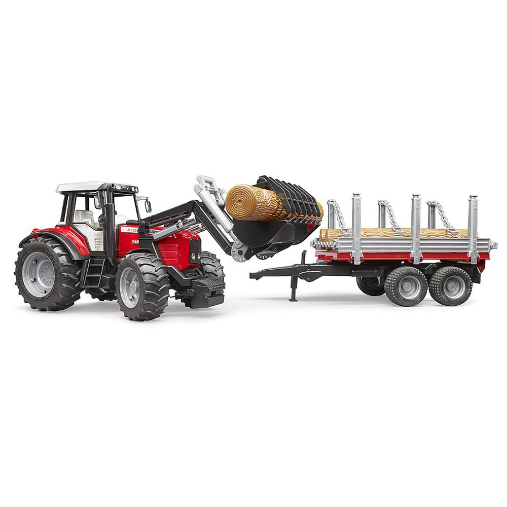 TRACTOR MASSEY FERGUSON 7480 CU INCARCATOR FRONTAL SI REMORCA PENTRU LEMNE - BRUDER (02046) - Libelula Vesela - Jucarii