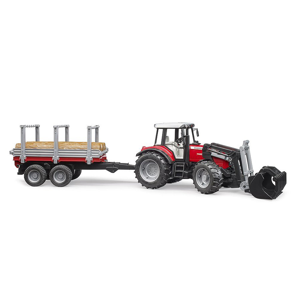 TRACTOR MASSEY FERGUSON 7480 CU INCARCATOR FRONTAL SI REMORCA PENTRU LEMNE - BRUDER (02046) - Libelula Vesela - Jucarii