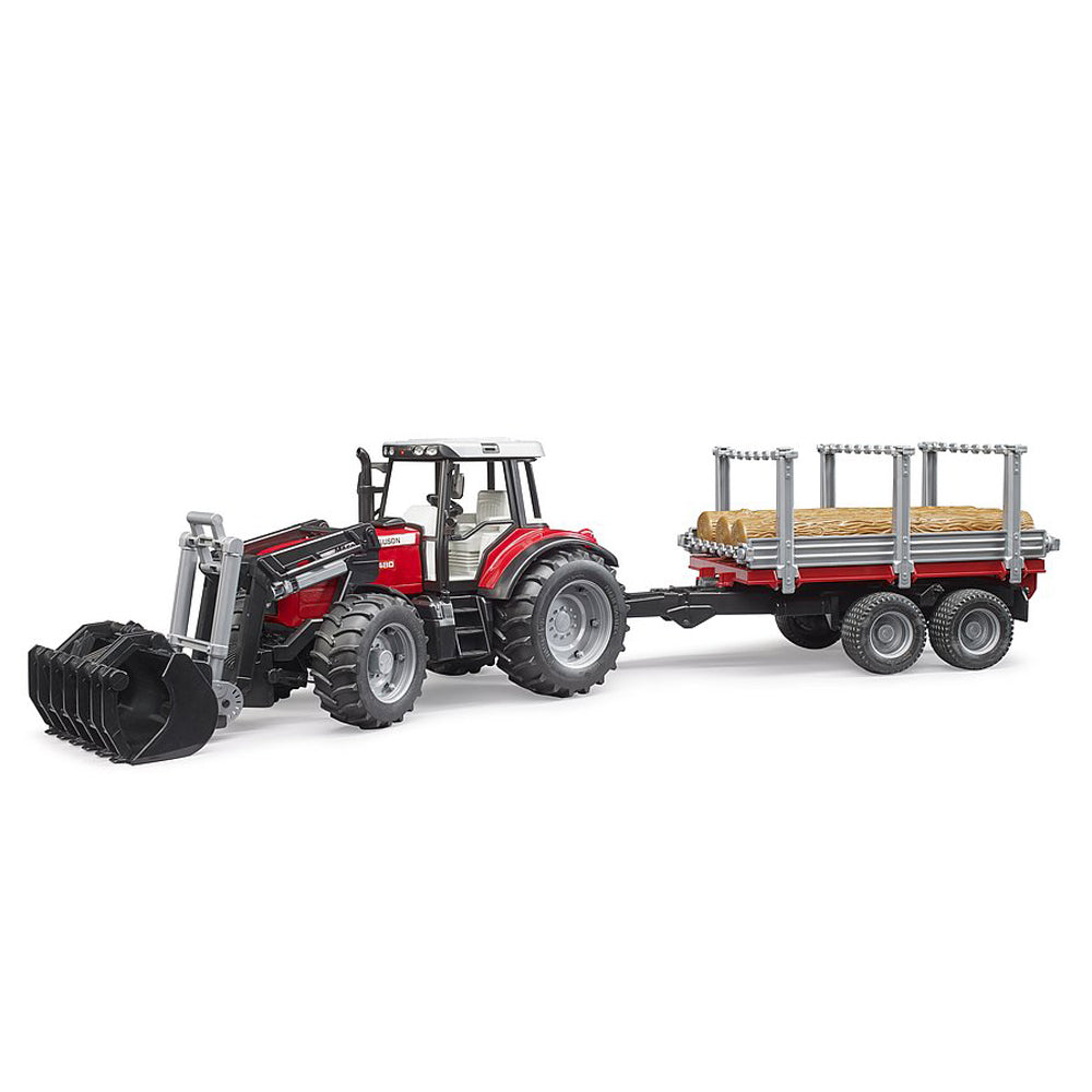TRACTOR MASSEY FERGUSON 7480 CU INCARCATOR FRONTAL SI REMORCA PENTRU LEMNE - BRUDER (02046) - Libelula Vesela - Jucarii