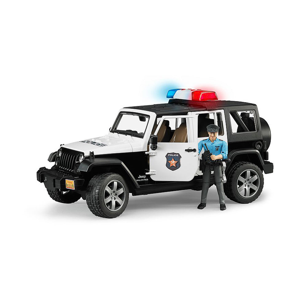 JEEP WRANGLER UNLIMITED RUBICON DE POLITIE CU SIRENA SI FIGURINA - BRUDER (02526) - Libelula Vesela - Jucarii