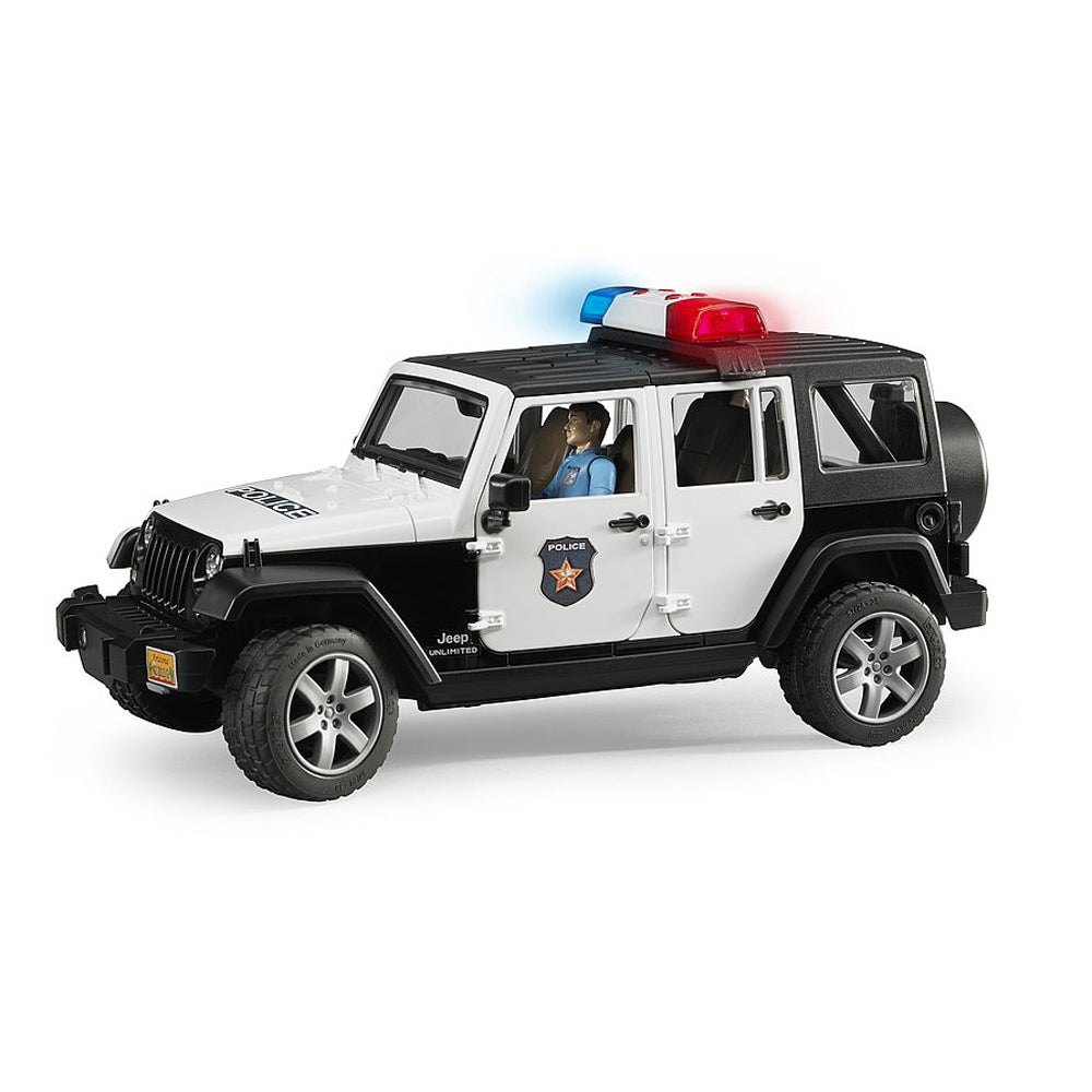JEEP WRANGLER UNLIMITED RUBICON DE POLITIE CU SIRENA SI FIGURINA - BRUDER (02526) - Libelula Vesela - Jucarii