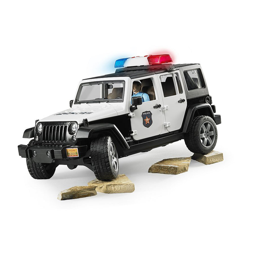 JEEP WRANGLER UNLIMITED RUBICON DE POLITIE CU SIRENA SI FIGURINA - BRUDER (02526) - Libelula Vesela - Jucarii