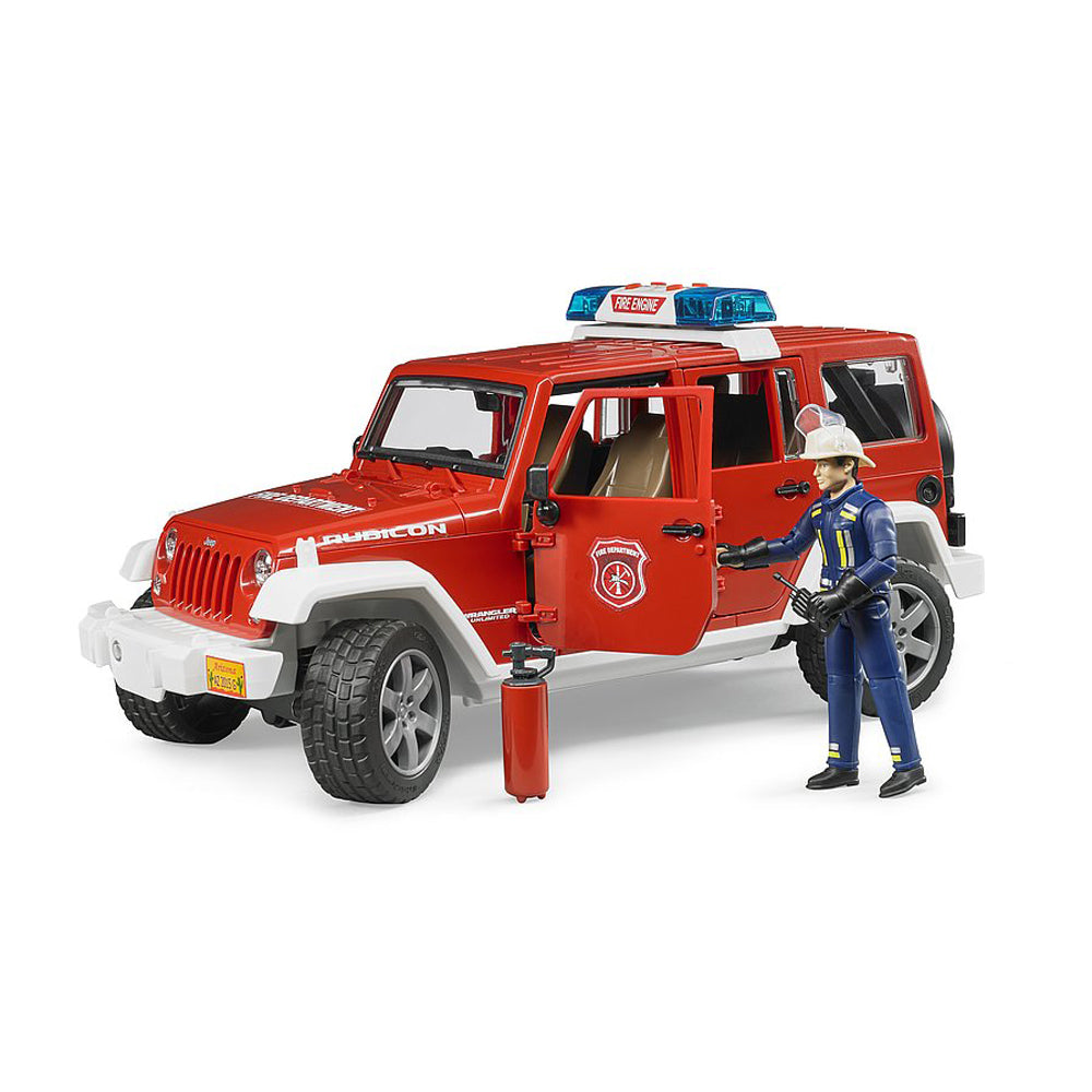 JEEP WRANGLER UNLIMITED RUBICON DE POMPIERI CU FIGURINA - BRUDER (BR02528) - Libelula Vesela - Jucarii