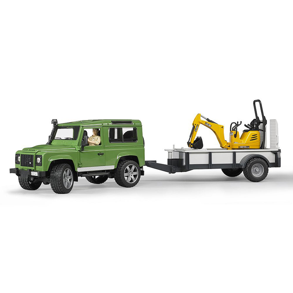 MASINA DE TEREN LAND ROVER DEFENDER CU REMORCA SI MICRO EXCAVATOR JCB CU MUNCITOR - BRUDER (BR02593) - Libelula Vesela - Jucarii